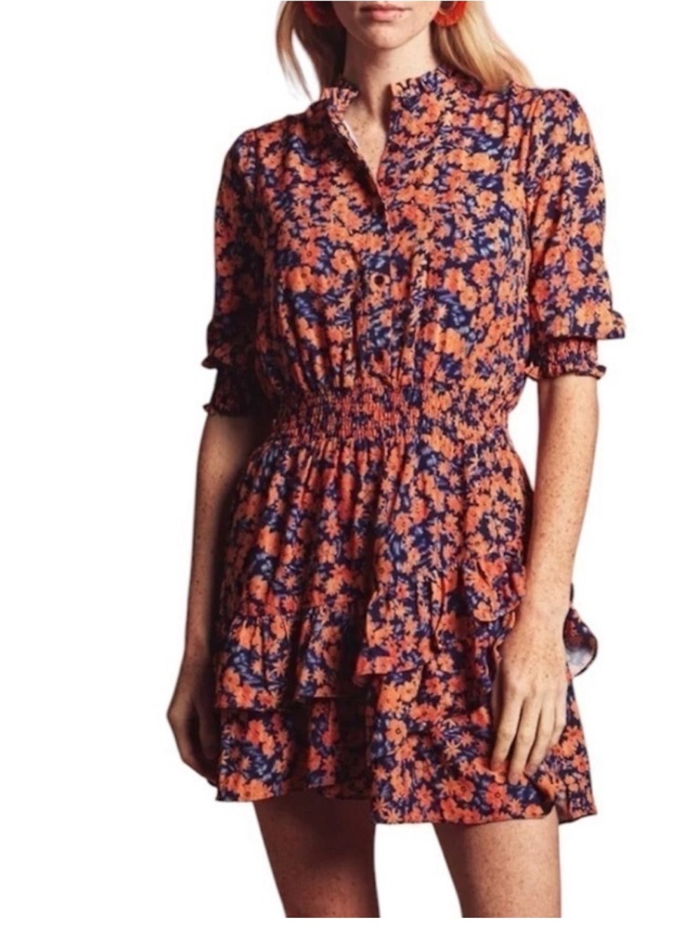 The Shirt by Rochelle Behrens Coral and Navy Floral Tiered Mini Dress